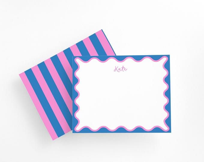 Personalized Pink and Blue Scalloped Stationery Set – Custom Note Cards with Envelopes, Preppy Girls Stationary Gift