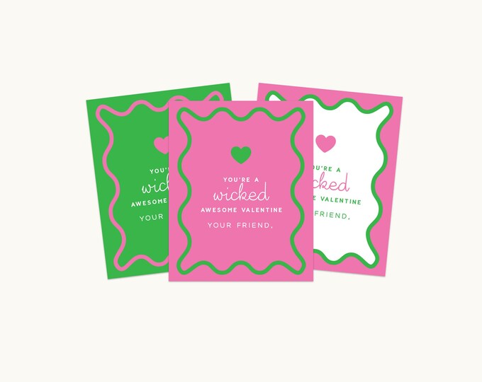 Wicked inspired printable valentines, Pink and Green Girl Classroom Valentines, Kids School Valentines, Wicked Printable Valentines