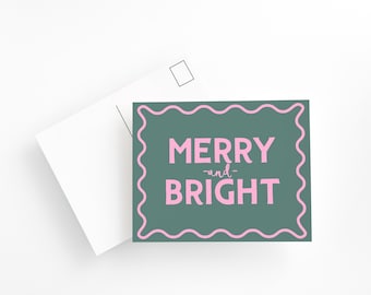 Merry and Bright Holiday Postcard Set – Green & Pink Christmas Cards, Retro Holiday Stationery, Playful Modern Merry Christmas Postcards