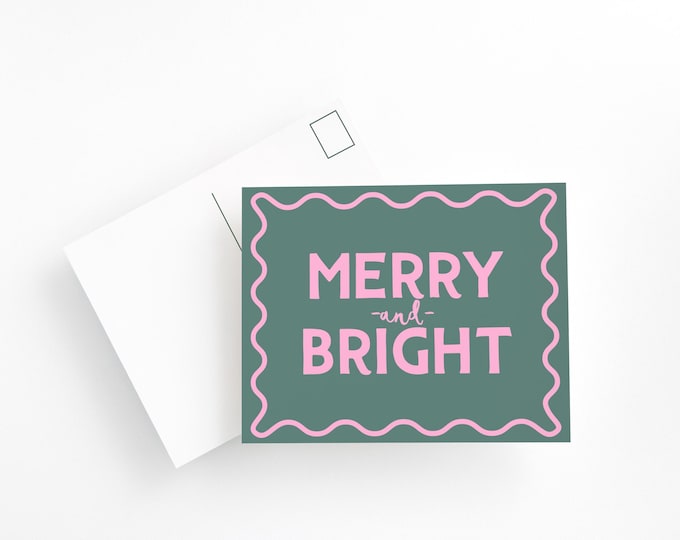 Merry and Bright Holiday Postcard Set – Green & Pink Christmas Cards, Retro Holiday Stationery, Playful Modern Merry Christmas Postcards
