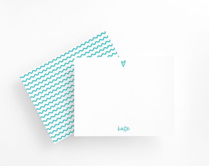 Aquamarine Heart Personalized Stationery Set, Custom Name Stationary for Girls, Flat Note Cards with Hand Drawn Heart, Cute Gift Set