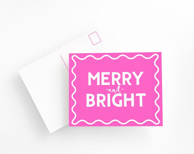 Merry and Bright Holiday Postcard Set, Pink & White Christmas Cards, Modern Minimalist Holiday Stationery, Festive Merry Christmas Postcards