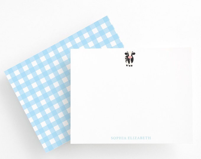 Personalized Stationery, Girl Cow Stationery Set, Flat Stationery with Cow, Farm Birthday Thank You Cards, Cow Thank You Notes