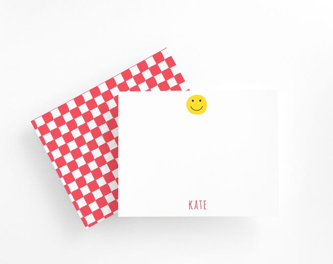 Personalized Smiley Note Cards, Red Checkered Stationery Set, Custom Name Notecards, Cute Happy Mail Cards, Gift for Girls, Kids & Teens