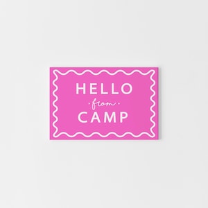 Postal de "Hola del campamento": Nota rosa brillante para el campamento de verano, papelería para campamentos infantiles, correo divertido para campamentos, postal física