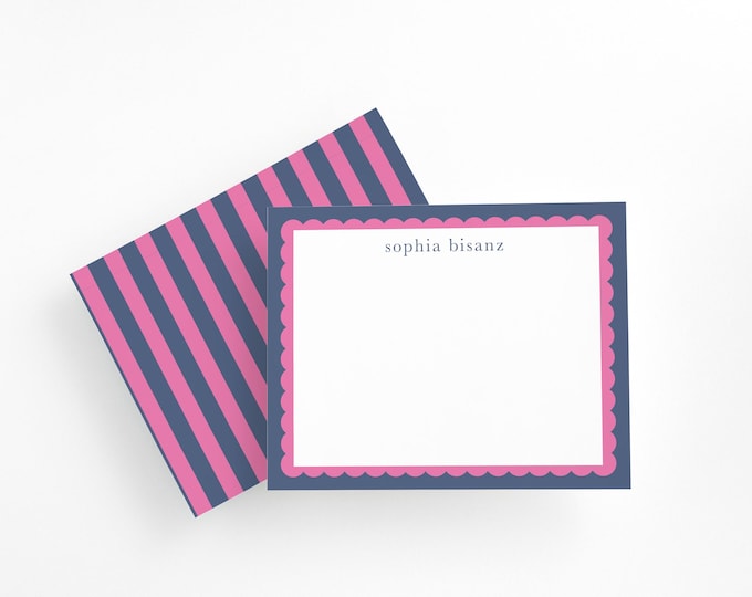 Personalized Pink & Navy Scalloped Note Cards: Custom Stationery Gift
