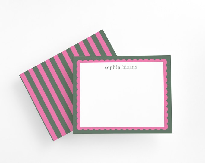 Personalized Scalloped Note Card Set: Pink & Green Stationery Gift