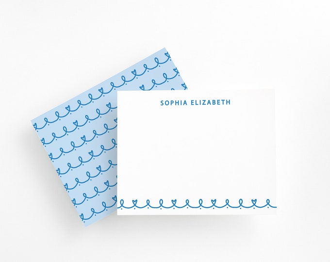 Girls Custom Stationery Set, Blue Personalized Note Cards for Kids, Childrens Stationery with Name, Heart Border Thank You Cards