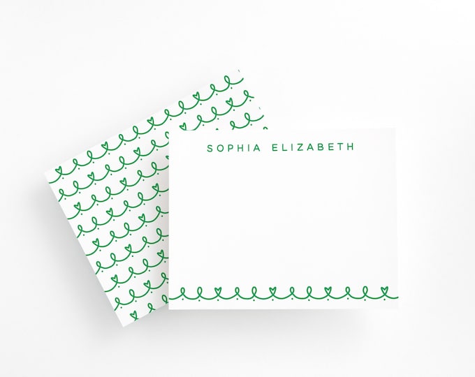 Personalized Girls Stationery Set, Green Heart Note Cards for Kids, Custom Writing Set with Name, Flat Girls Thank You Cards