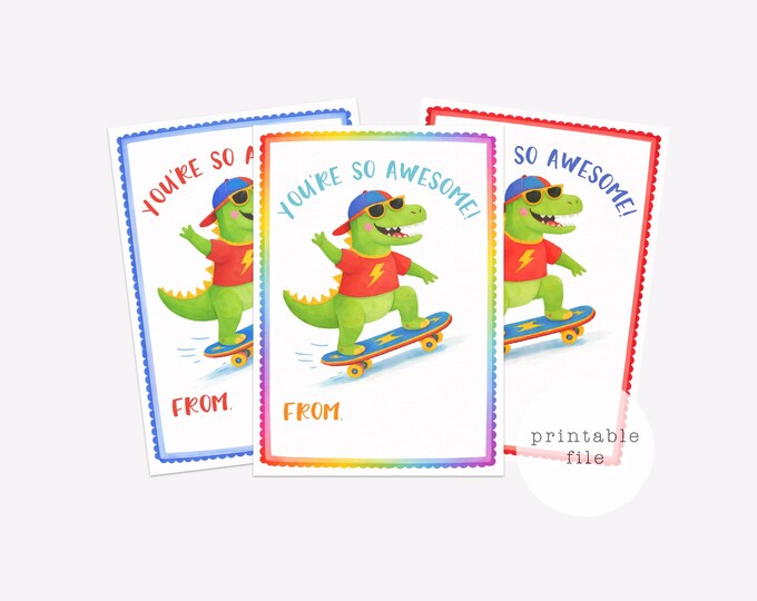 Dinosaur Valentine Cards for Kids – Printable Classroom Valentines for Boys – Instant Download Dino School Valentines