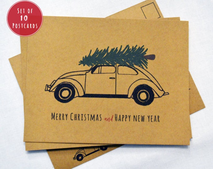 HOLIDAY POSTCARDS set of 10 -Merry Christmas and Happy New Year Postcards, Kraft Paper Postcards, Merry Christmas Card Set, Rustic Holiday