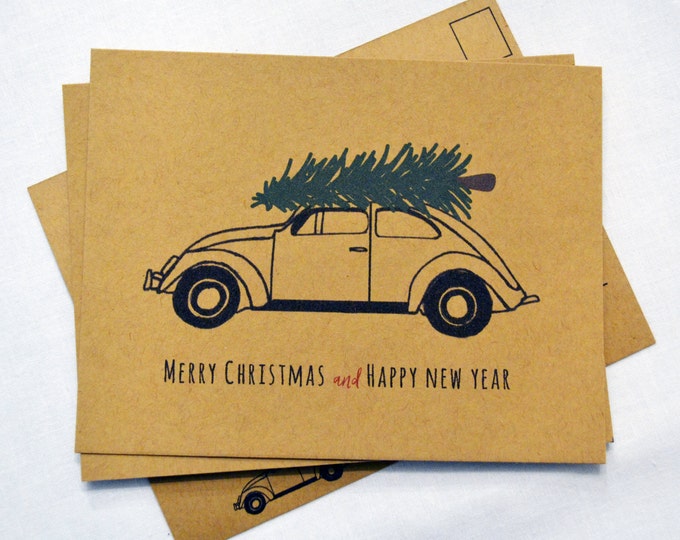 HOLIDAY POSTCARD SET of 20- Set of Merry Christmas and Happy New Year Postcards, Tree on Car Postcard Set, Rustic Christmas Card Set, Xmas