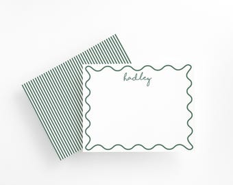 Personalized Green Wavy Border Stationery Set, Custom Name Note Cards for Girls, Kids Thank You Notes, Holiday or Everyday Stationery