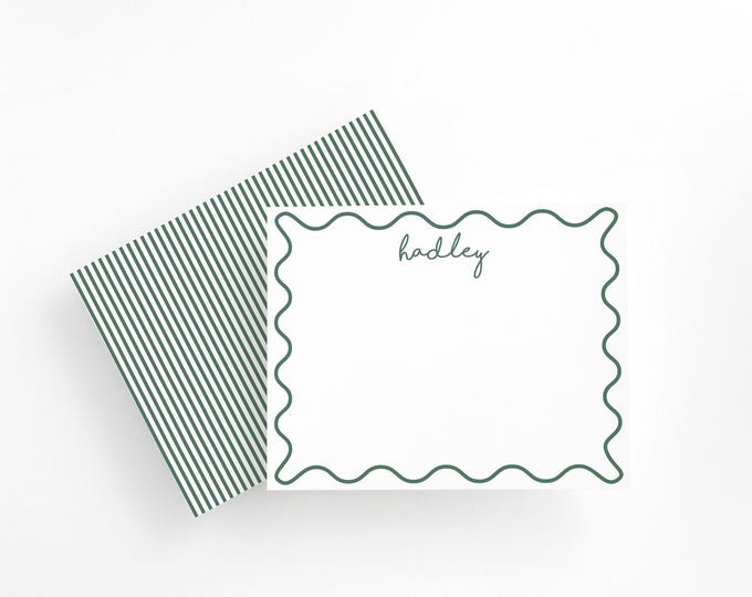 Personalized Green Wavy Border Stationery Set, Custom Name Note Cards for Girls, Kids Thank You Notes, Holiday or Everyday Stationery