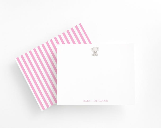 Personalized Baby Girl Elephant Notecards: Pink Stripe Stationery Set