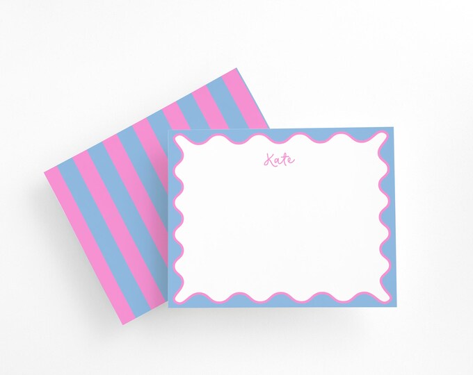 Custom Pink and Blue Scalloped Border Stationery Set, Blue and Pink Thank You Notecards, Modern Wavy Border Stationery