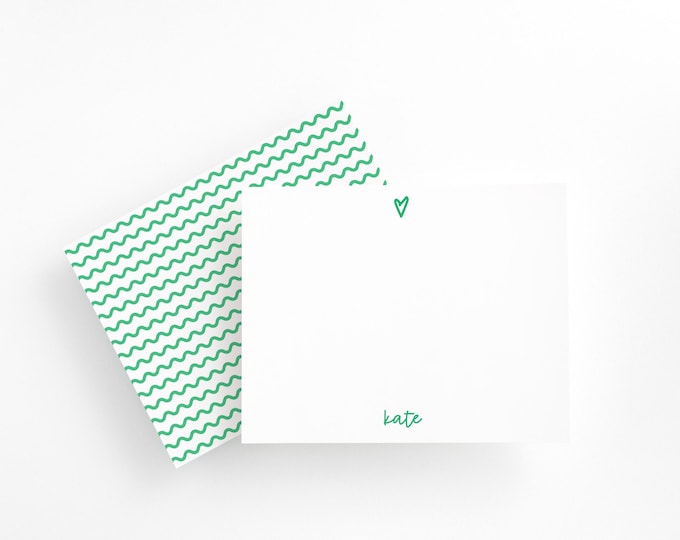 Minimalist Green Heart Personalized Stationery Set, Custom Name Flat Note Cards, Simple Stationery for Girls, Teens, and Women