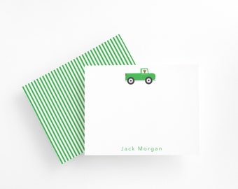 Pickup Truck Personalized Stationery for Boys Green, Cute Boys Note Card Set, Green Truck Stationary for Boys, Kids Birthday Thank Yous
