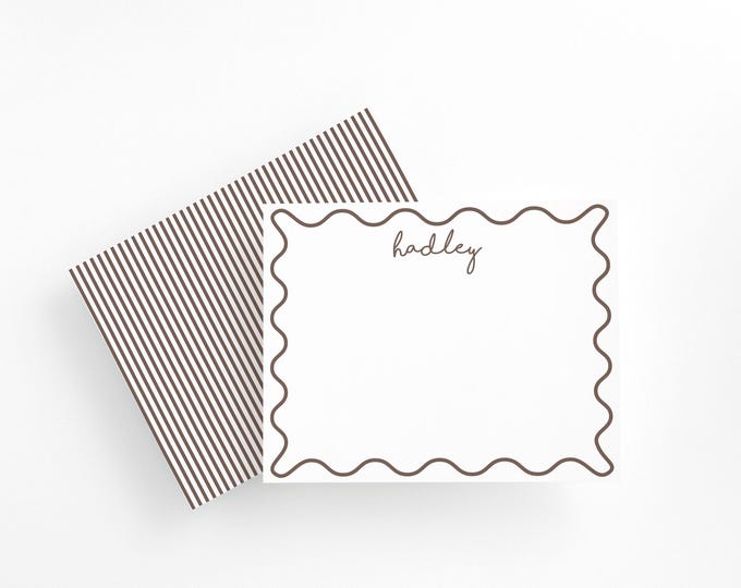 Personalized Brown Wavy Border Stationery Set, Kids Thank You Notecards, Baby Girl Brown Traditional Stationery