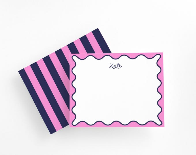 Personalized Preppy Pink and Green Scalloped Stationery Set, Green and Pink Thank You Notecards, Modern Wavy Border Stationery