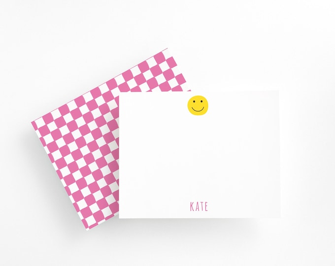Personalized Smiley Note Cards for Girls, Pink Happy Mail Stationery Set, Custom Name Notecards, Cute Tween & Teen Gift, Pen Pal Cards