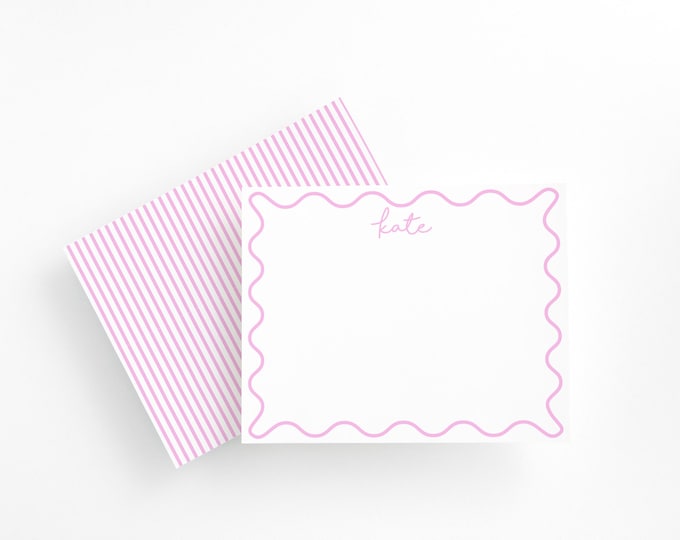Personalized Pink Scalloped Border Stationery Set, Baby Girl Thank You Notecards, Valentine's Gift for Her, Wavy Border Stationery