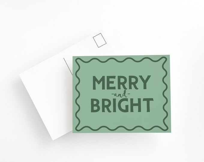 Merry & Bright Holiday Postcard Set – Sage Green Christmas Cards, Minimalist Holiday Stationery, Modern Merry Christmas Postcards