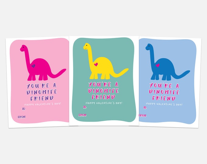 PRINT YOURSELF Kids Valentines Day Card Set, Valentine PDF, Cute Pink Dinosaur Cards, Print at home Kids Valentines, preschool printables