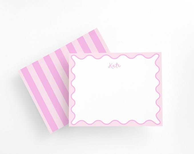 Personalized Pink Scalloped Border Stationery Set, Baby Girl Thank You Notecards, Christmas Gift for Her, Wavy Border Stationery