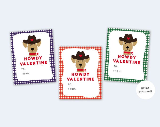 PRINT YOURSELF Cute Cowboy Valentine's Day Cards, Fun on the Farm Valentine PDF, Cute Dog, Print at home Greeting Card Set for Kids,