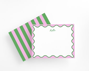Personalized Preppy Pink and Green Scalloped Stationery Set, Green and Pink Thank You Notecards, Modern Wavy Border Stationery