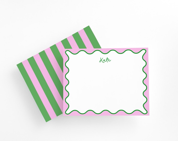 Personalized Preppy Pink and Green Scalloped Stationery Set, Green and Pink Thank You Notecards, Modern Wavy Border Stationery