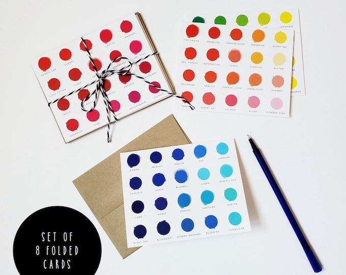 Color Swatch Stationery Set, Rainbow Dot Flat Note Cards, Color Name Thank You Cards, Bright Modern Stationery Gift Set