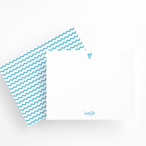 Conjunto de papelaria personalizado em azul, cartões com nome personalizados para meninas ou crianças, papelaria divertida com coração, papelaria azul brilhante
