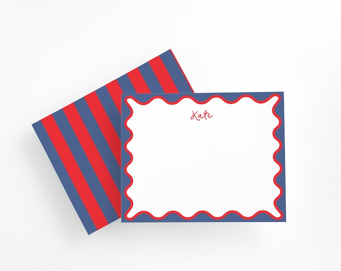 Personalized Red and Navy Scalloped Stationery Set – Custom Note Cards with Envelopes, Preppy Striped Stationary Gift for Her or Kids