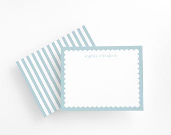 Personalized Blue Scalloped Stationery, Kids Thank You Note Cards