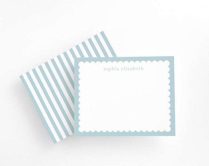 Personalized Blue Scalloped Stationery, Kids Thank You Note Cards