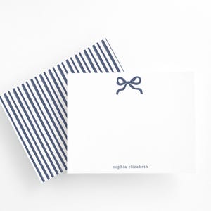 Personalized Navy Bow Stationery Set with Envelopes | Custom Name Flat Note Cards | Nautical Stripe Pattern | Elegant Bow Stationery Gift