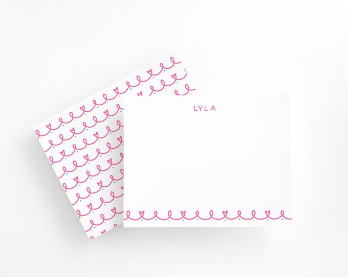 Whimsical Girls Stationery Set, Personalized Rainbow Heart Note Cards, Cute Kids Stationery with Name, Fun Custom Flat Cards