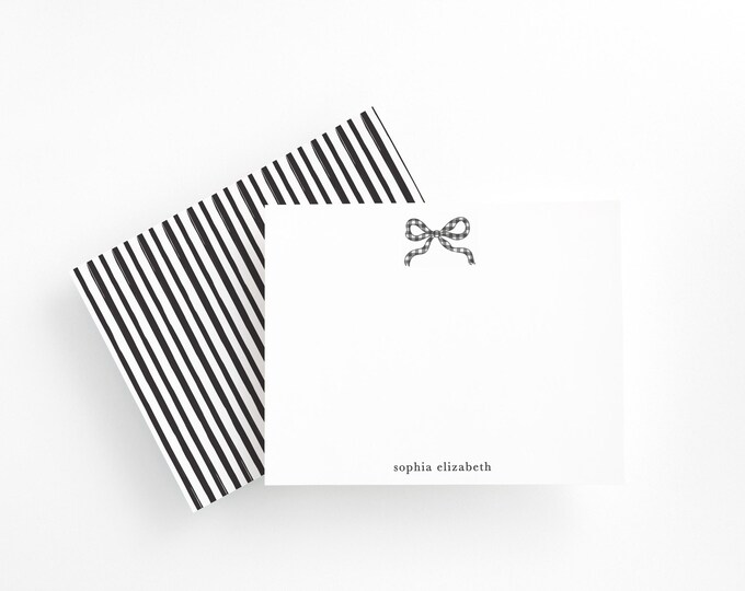 Personalized Black Gingham Bow Stationery Set with Envelopes | Custom Name Note Cards | Farmhouse Chic & Preppy Gift