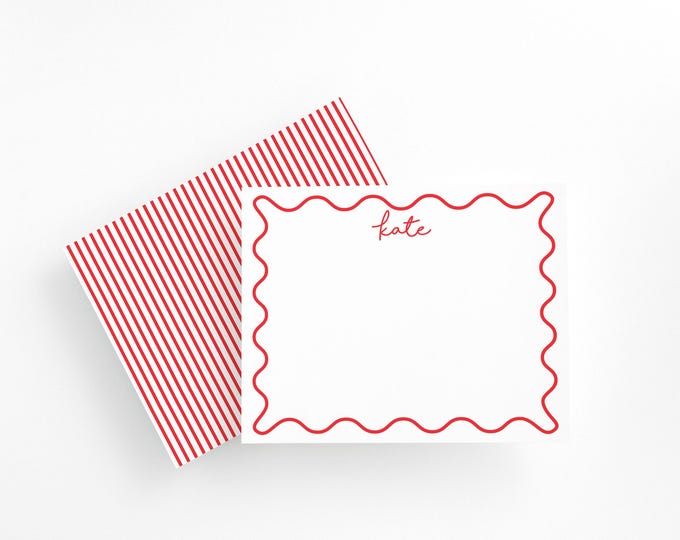 Personalized Red Scalloped Border Stationery Set, Kids Thank You Notecards, Red Stationery  Valentine's Gift for Her, Wavy Border Stationery