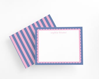 Personalized Scalloped Notecards: Pink & Green Striped Stationery