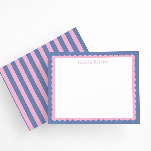 Personalized Scalloped Notecards: Pink & Green Striped Stationery