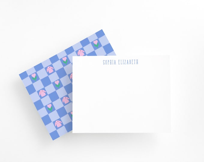Whimsical Periwinkle Bunny Stationery Set for kids | Adorable Checked stationery | baby shower thank you cards | kids' bunny Writing set