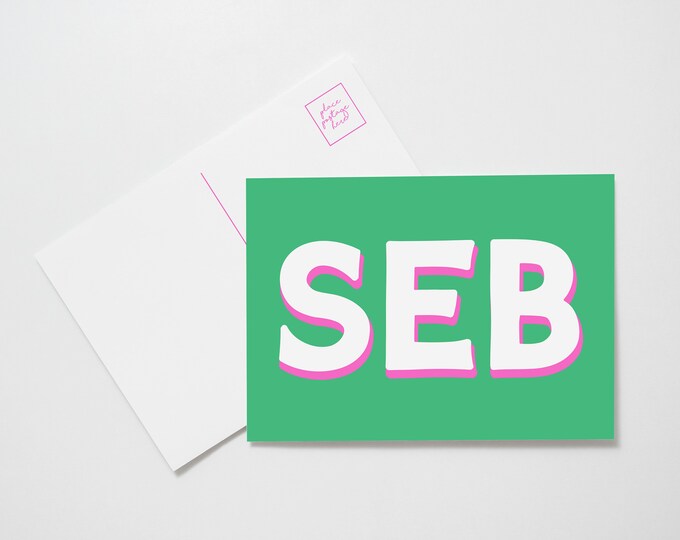 Preppy Personalized Green and Pink Monogram Initial Postcards for Girls and Boys, Classic Custom Kids Stationery