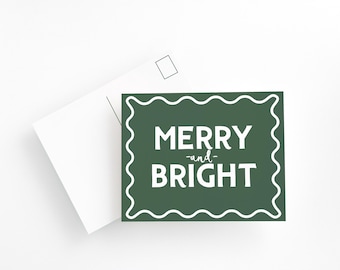 Merry & Bright Christmas Postcards – Forest Green Holiday Postcard Set, Classic Christmas Cards, Modern Minimalist Holiday Stationery