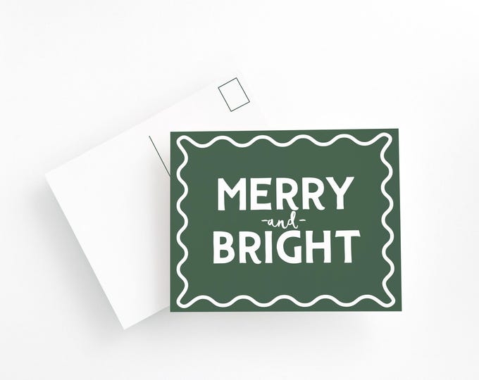Merry & Bright Christmas Postcards – Forest Green Holiday Postcard Set, Classic Christmas Cards, Modern Minimalist Holiday Stationery