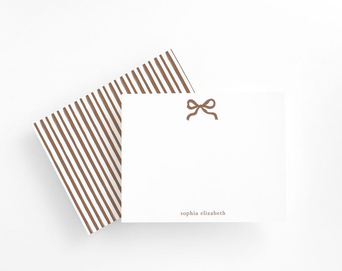 Personalized Brown Bow Stationery Set with Envelopes | Custom Name Note Cards | Flat Printed Stationery | Striped Back Design