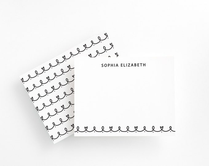 Minimalist Personalized Stationery, Black and White Heart Note Cards, Simple Custom Flat Cards, Clean Stationery Set for Her