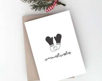 HOLIDAY GREETING CARD - Warmest Wishes Greeting Card, Simple Christmas Card, Mittens Holiday Christmas Card, Cute Xmas, Happy Holidays